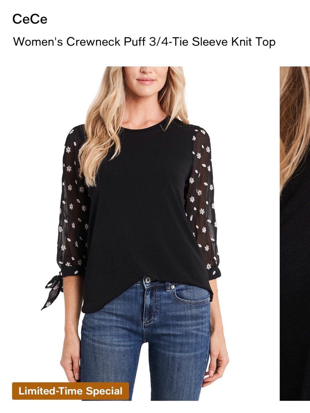CeCe Black Knit Top with Sheer Printed Puff 3/4 Sleeves and Tie